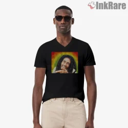 Bob Marley Warm Smile Portrait Shirt on black v-neck shirt for men graphic tee