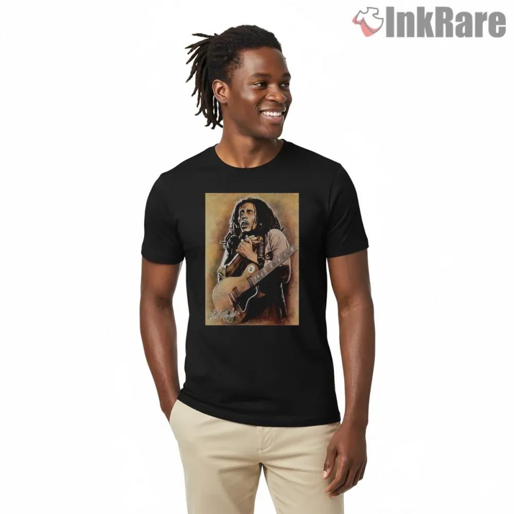 Bob Marley Warm Vintage Guitar Performance Shirt on black short sleeve shirt for men graphic tee