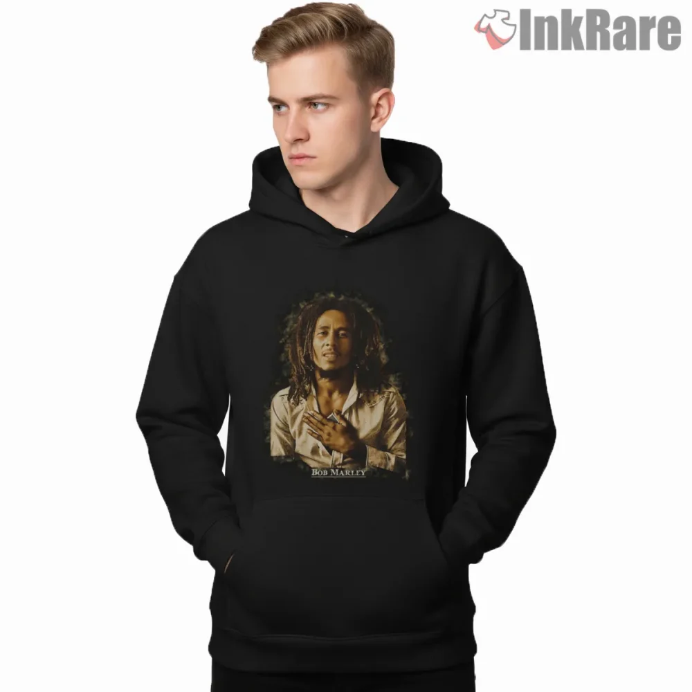 Bob Marley Warm Vintage Reggae Portrait Shirt on black hoodie for men graphic tee