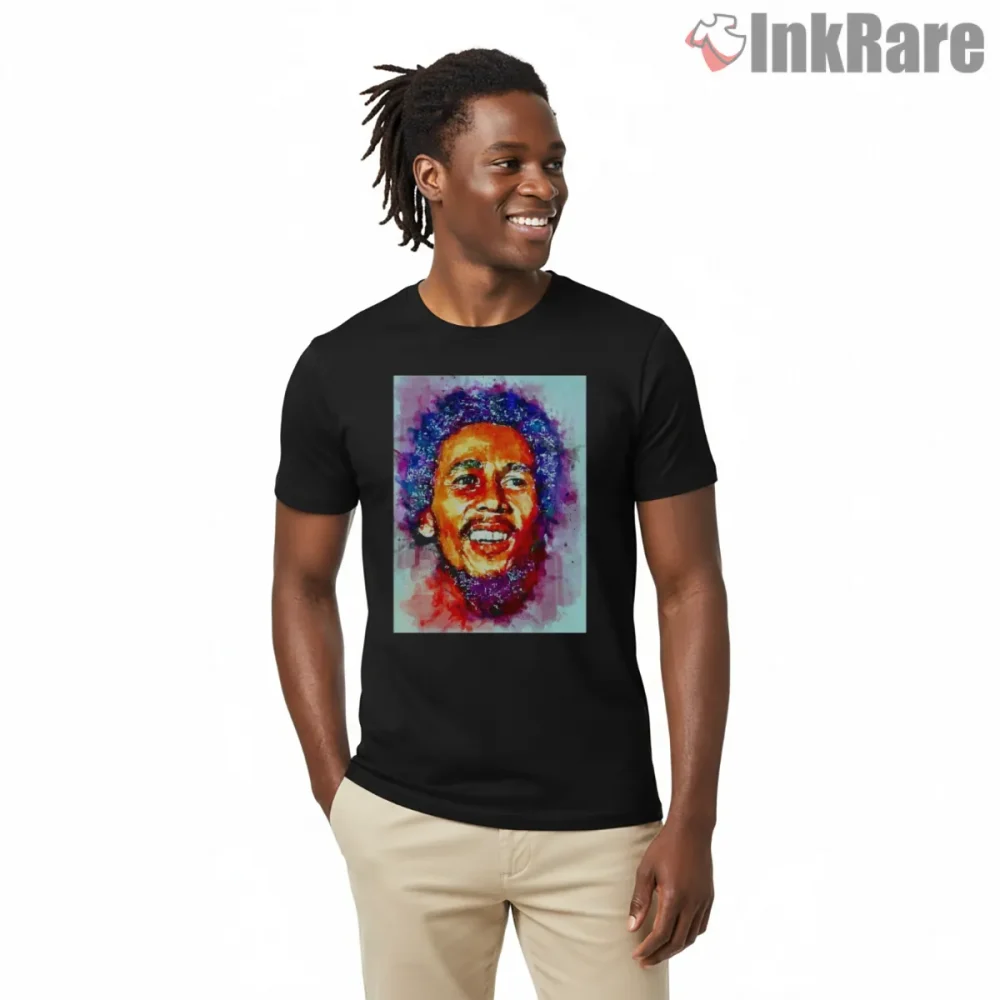 Bob Marley Watercolor Expression Portrait Shirt on black short sleeve shirt for men graphic tee