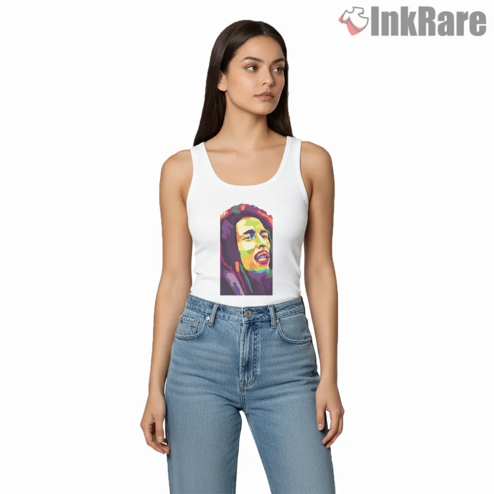Bob Marley Wpap Color Geometry Portrait Shirt on white tank top for women graphic tee