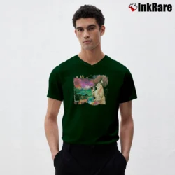 Men’s Bob Ross Cat Painting Funny V-Neck Tee in forest green | Sharp, Breathable, Everyday Staple