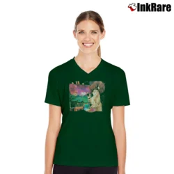 Women’s Bob Ross Cat Painting Funny V-Neck Tee in forest green | Chic Neckline, Soft Texture