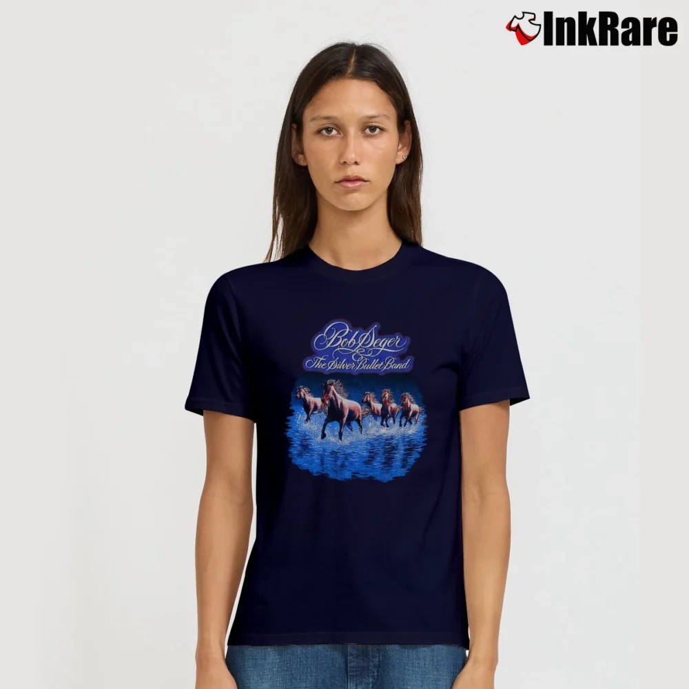 Women’s Bob Seger Silver Bullet Band 1980 Tour Signature T-Shirt in navy | Soft, Flattering Fit