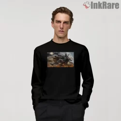 Boba Fett Battle Action Scene Shirt on black long sleeve shirt for men graphic tee
