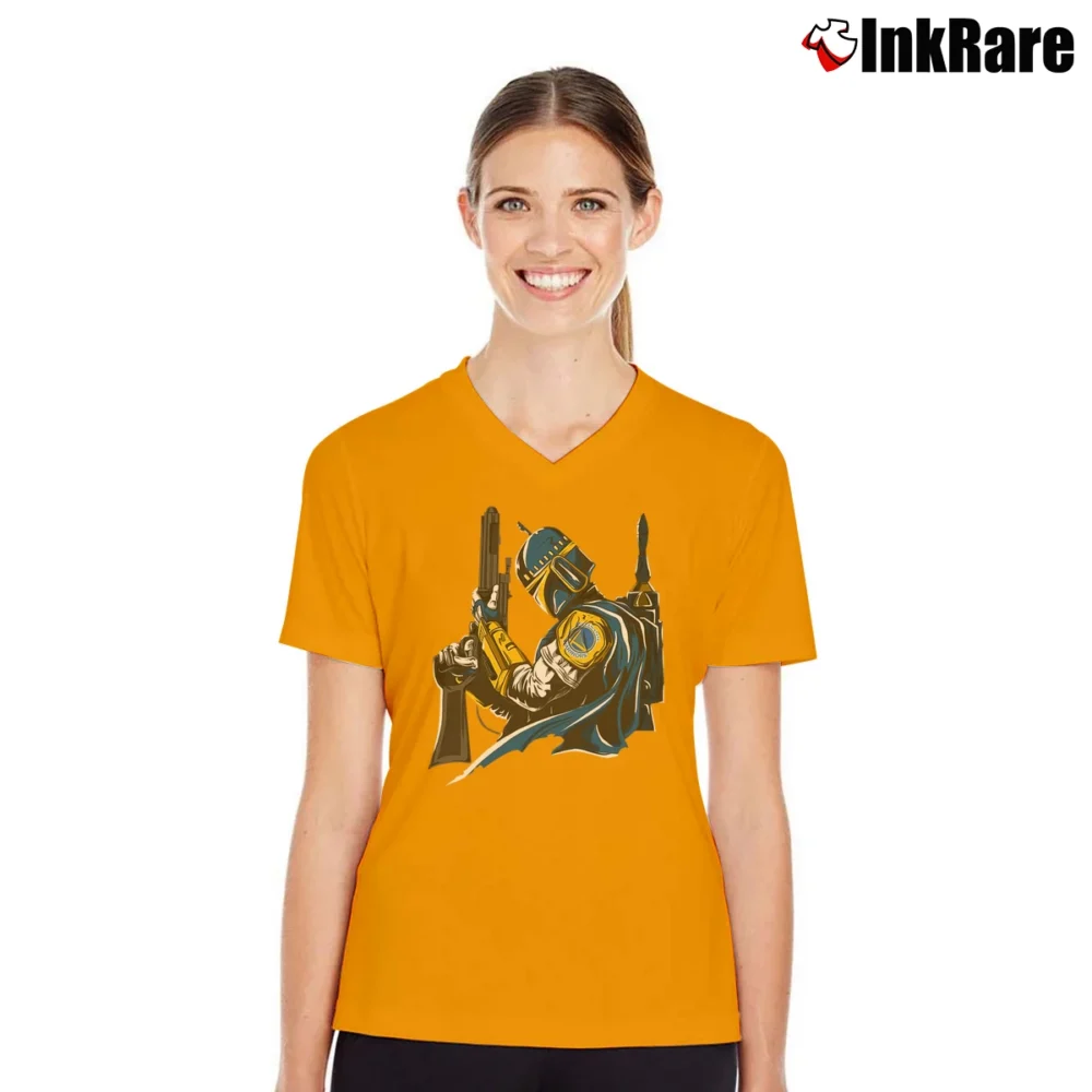 Women’s Boba Fett Golden State Warriors Star Wars V-Neck Tee in orange | Chic Neckline, Soft Texture