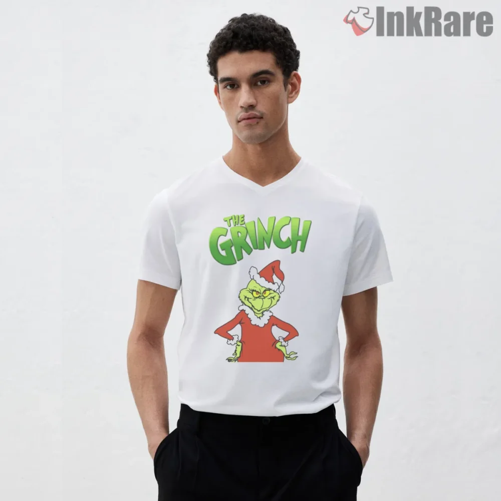 Bold Logo The Grinch Classic Character Shirt on white v-neck shirt for men graphic tee