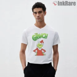 Bold Logo The Grinch Classic Character Shirt on white v-neck shirt for men graphic tee