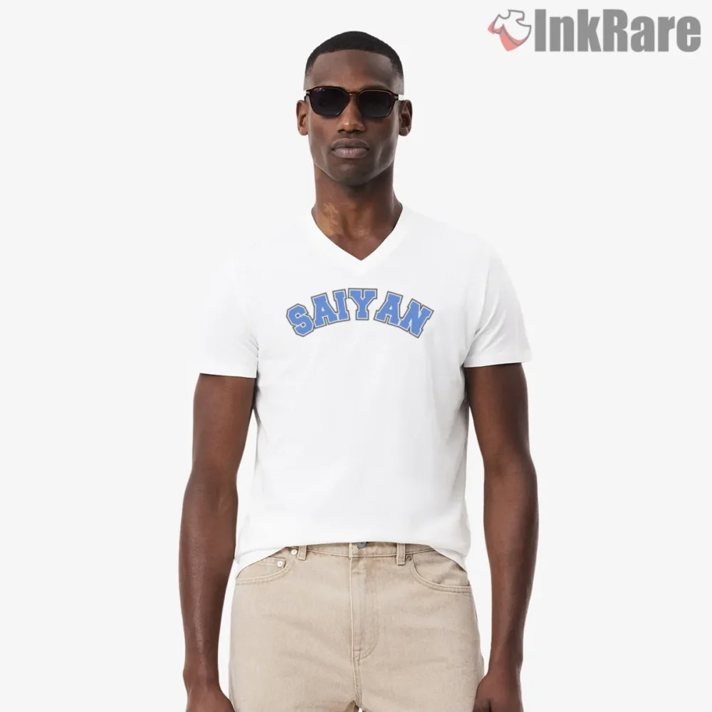 Bold Saiyan Pride Lettering Shirt on white v-neck shirt for men graphic tee
