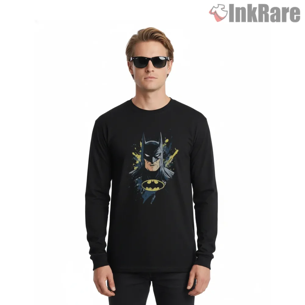 Bold Splash Portrait Batman Shirt on black long sleeve shirt for men graphic tee