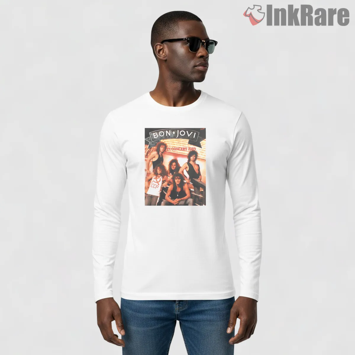 Bon Jovi 1989 Concert Band Photo Vintage Tour Shirt on white long sleeve shirt for men graphic tee