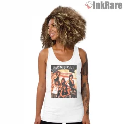 Bon Jovi 1989 Concert Band Photo Vintage Tour Shirt on white tank top for women graphic tee