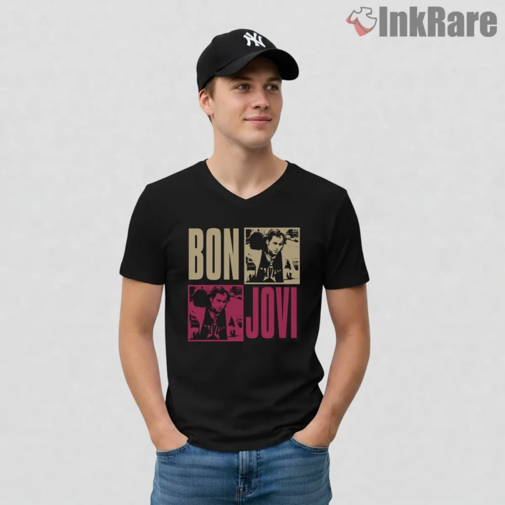 Bon Jovi 90s Split Color Portrait Retro Graphic Shirt on black v-neck shirt for men graphic tee