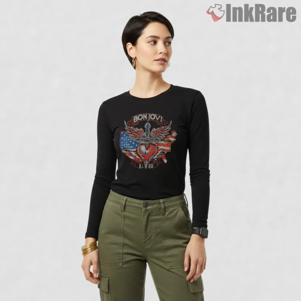 Bon Jovi American Flag Heart Dagger Rock Anthem Shirt on black long sleeve shirt for women graphic tee