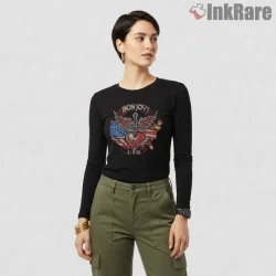 Bon Jovi American Flag Heart Dagger Rock Anthem Shirt on black long sleeve shirt for women graphic tee