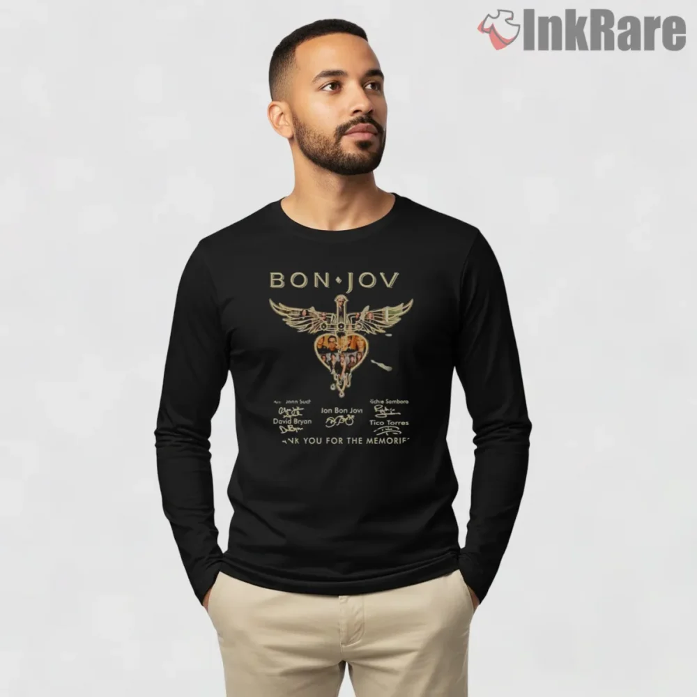 Bon Jovi Band Members Wings Crest Vintage Tour Shirt on black long sleeve shirt for men graphic tee