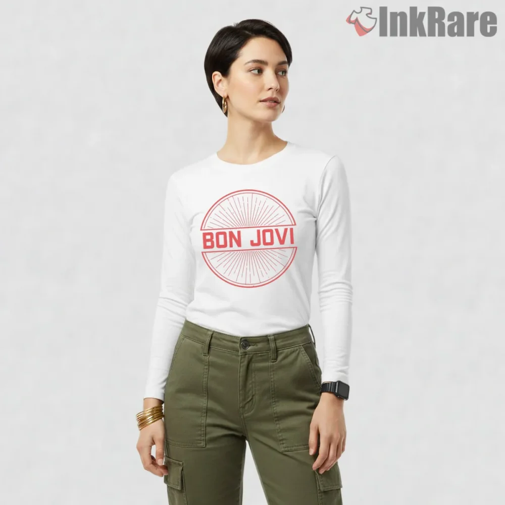 Bon Jovi Circular Sunburst Retro Logo Graphic Shirt on white long sleeve shirt for women graphic tee