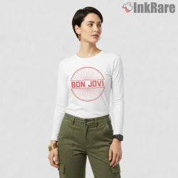 Bon Jovi Circular Sunburst Retro Logo Graphic Shirt on white long sleeve shirt for women graphic tee