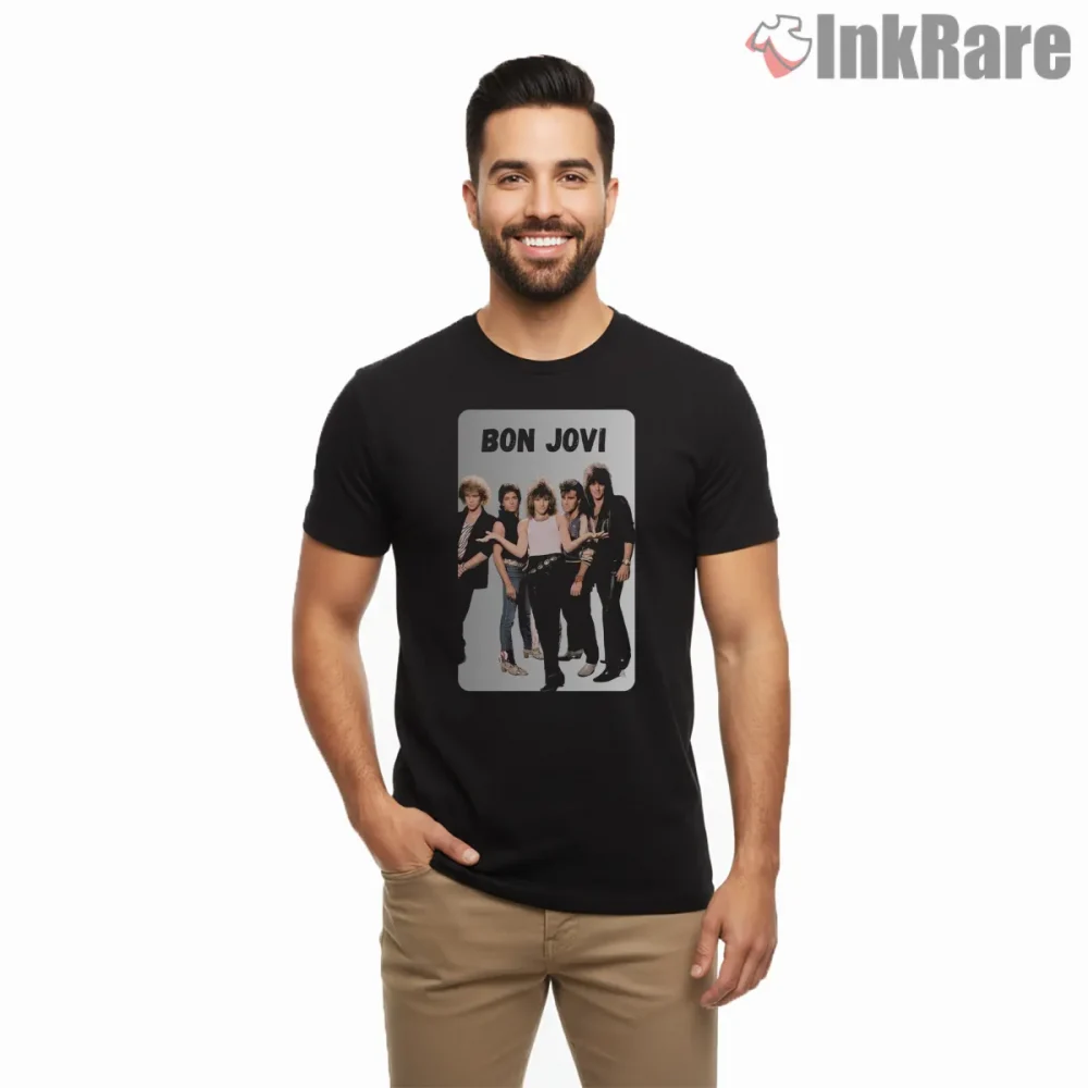 Bon Jovi Classic Band Lineup Studio Portrait Shirt on black short sleeve shirt for men graphic tee