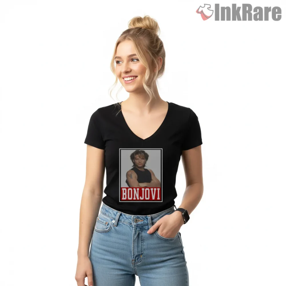 Bon Jovi Classic Portrait Clean Frame Vintage Rock Shirt on black v-neck shirt for women graphic tee