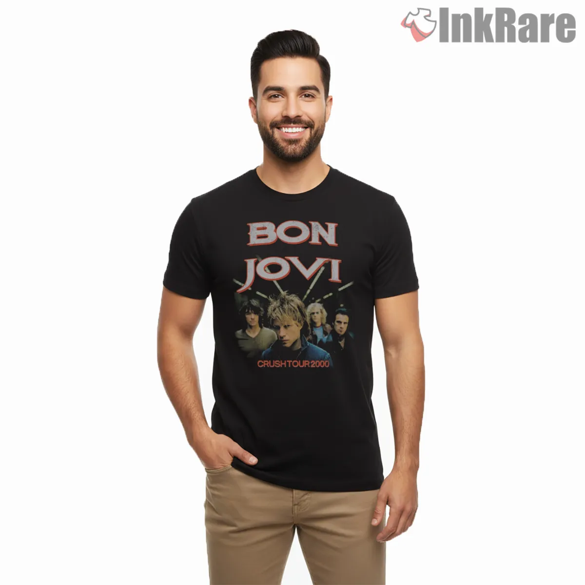 Bon Jovi Crush Tour 2000 Band Portrait Album Era Shirt on black short sleeve shirt for men graphic tee