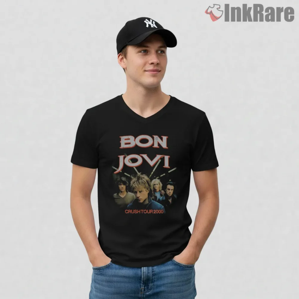Bon Jovi Crush Tour 2000 Band Portrait Album Era Shirt on black v-neck shirt for men graphic tee