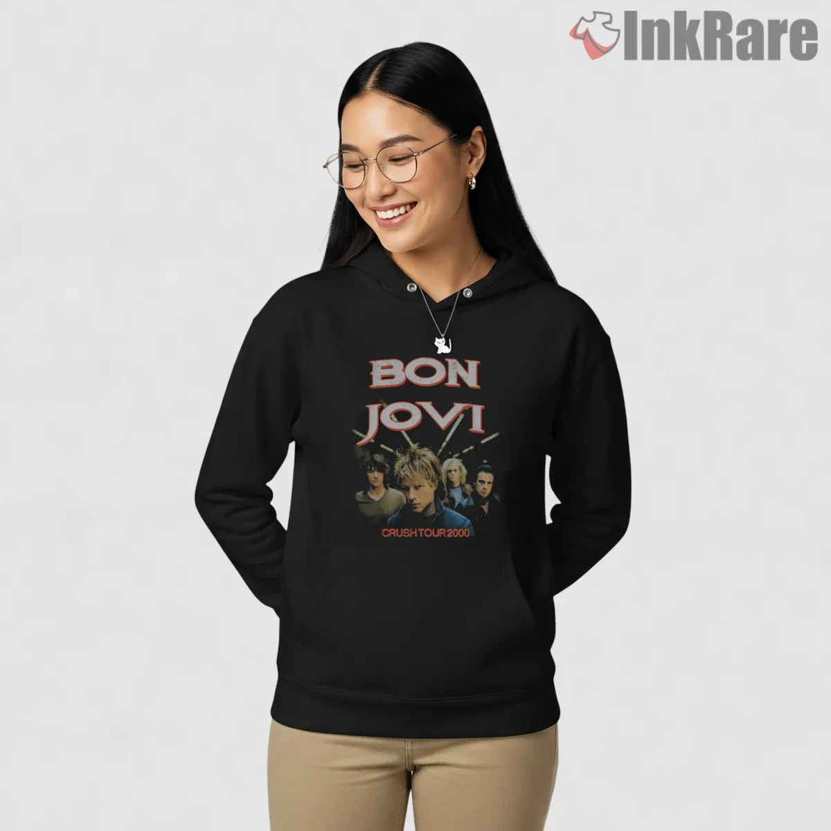 Bon Jovi Crush Tour 2000 Band Portrait Album Era Hoodie Black Bon Jovi Crush Tour 2000 Band Portrait Album Era Shirt on black hoodie for women graphic tee