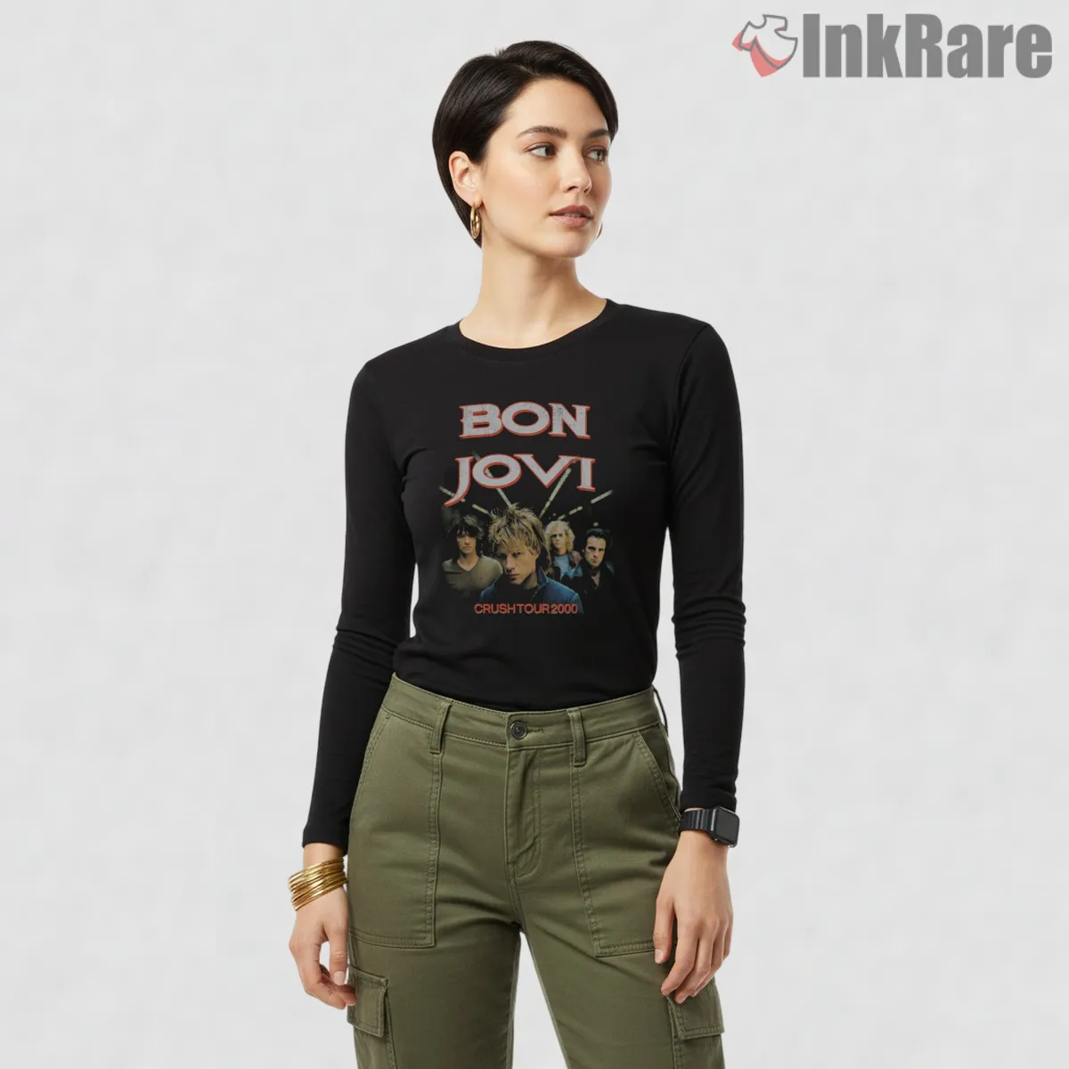Bon Jovi Crush Tour 2000 Band Portrait Album Era Long Sleeve Black Bon Jovi Crush Tour 2000 Band Portrait Album Era Shirt on black long sleeve shirt for women graphic tee