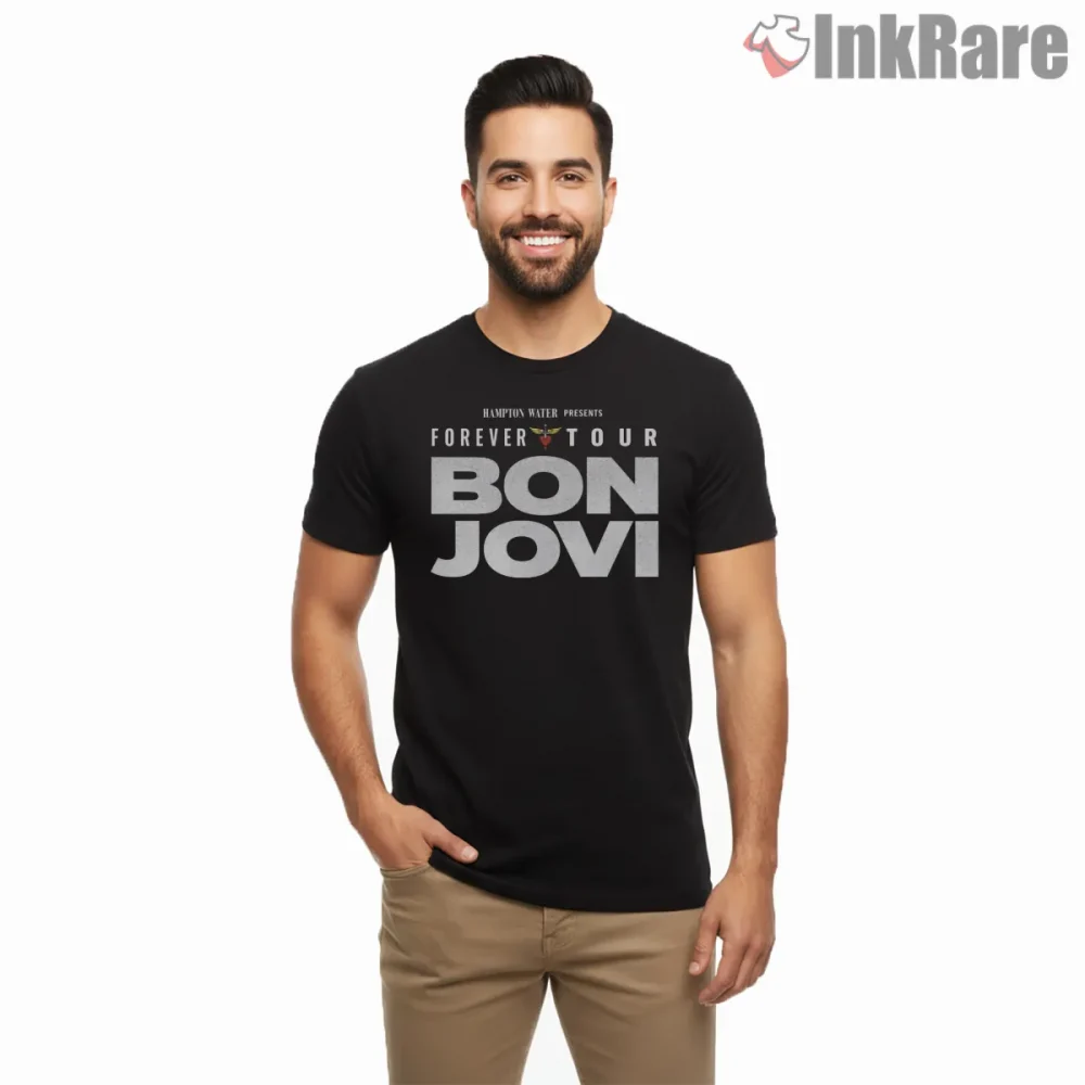Bon Jovi Forever Tour Bold Typography Live Show Shirt on black short sleeve shirt for men graphic tee