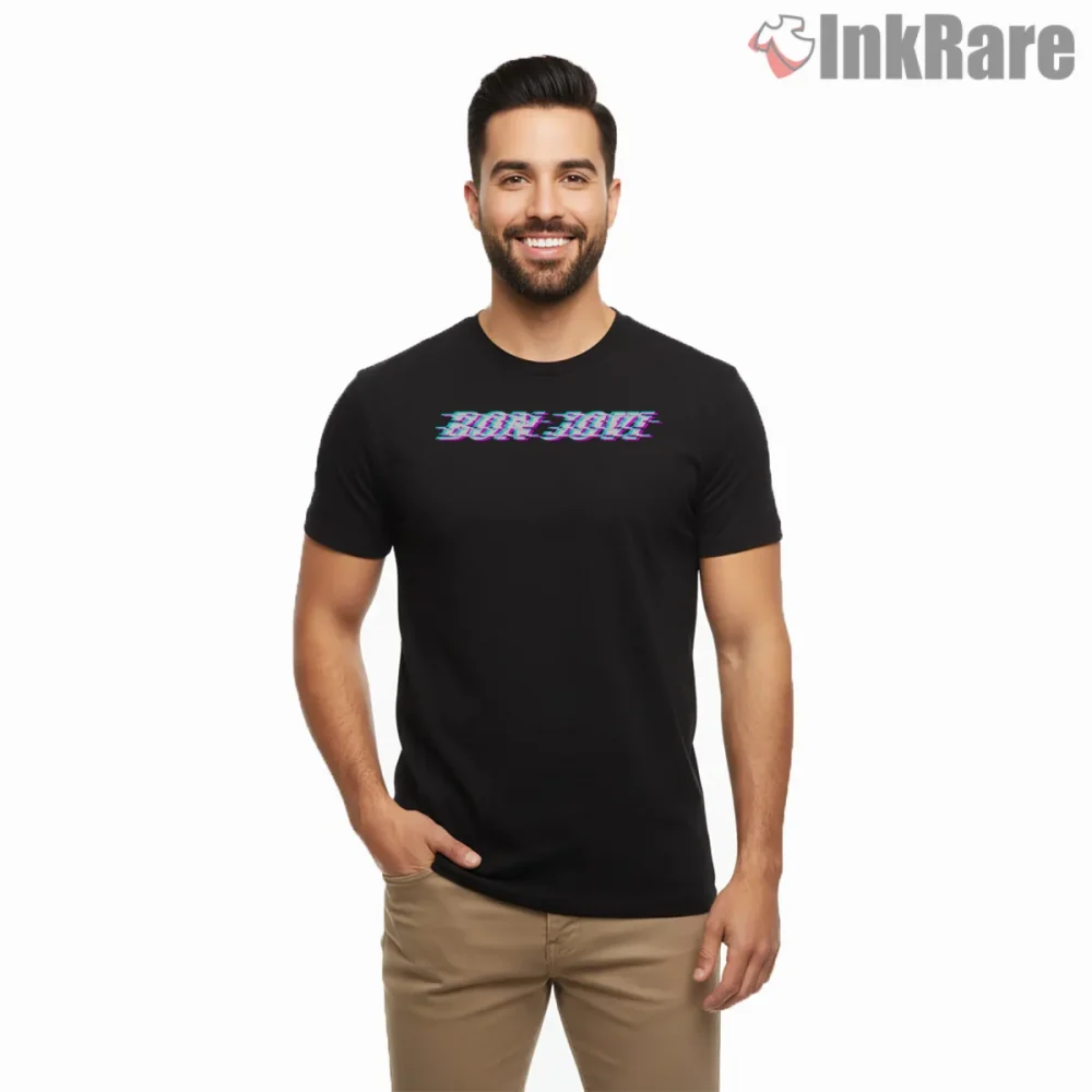Bon Jovi Glitch Neon Digital Distortion Retro Shirt on black short sleeve shirt for men graphic tee