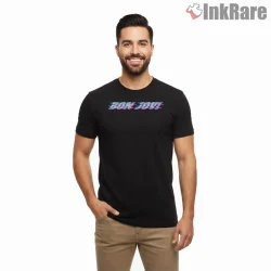 Bon Jovi Glitch Neon Digital Distortion Retro Shirt on black short sleeve shirt for men graphic tee