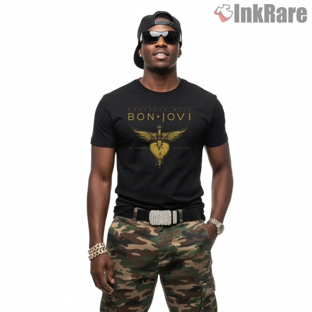 Bon Jovi Greatest Hits Gold Crest Classic Album Shirt on black short sleeve shirt for men graphic tee