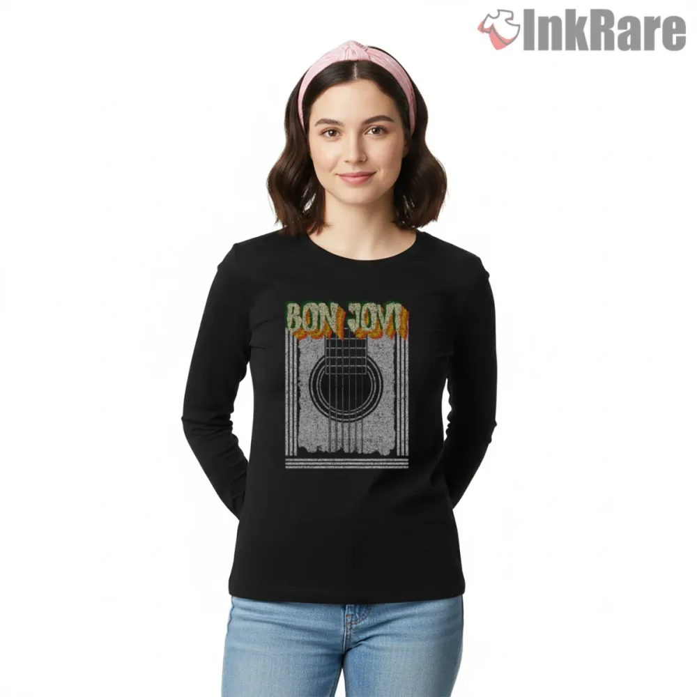Bon Jovi Guitar Strings Vertical Texture Grunge Shirt on black long sleeve shirt for women graphic tee