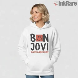 Bon Jovi Have A Nice Day Smiley Rock Message Shirt on white hoodie for women graphic tee