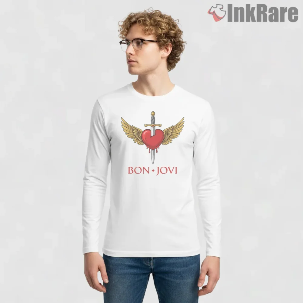 Bon Jovi Heart And Dagger Winged Emblem Classic Rock Shirt on white long sleeve shirt for men graphic tee