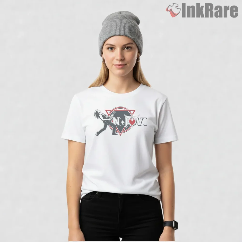 Bon Jovi Heart Dagger Stage Performance Rock Emblem Shirt on white short sleeve shirt for women graphic tee