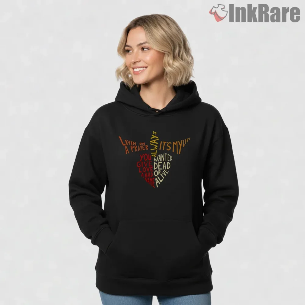 Bon Jovi Iconic Songs Lyrics Typography Rock Shirt on black hoodie for women graphic tee
