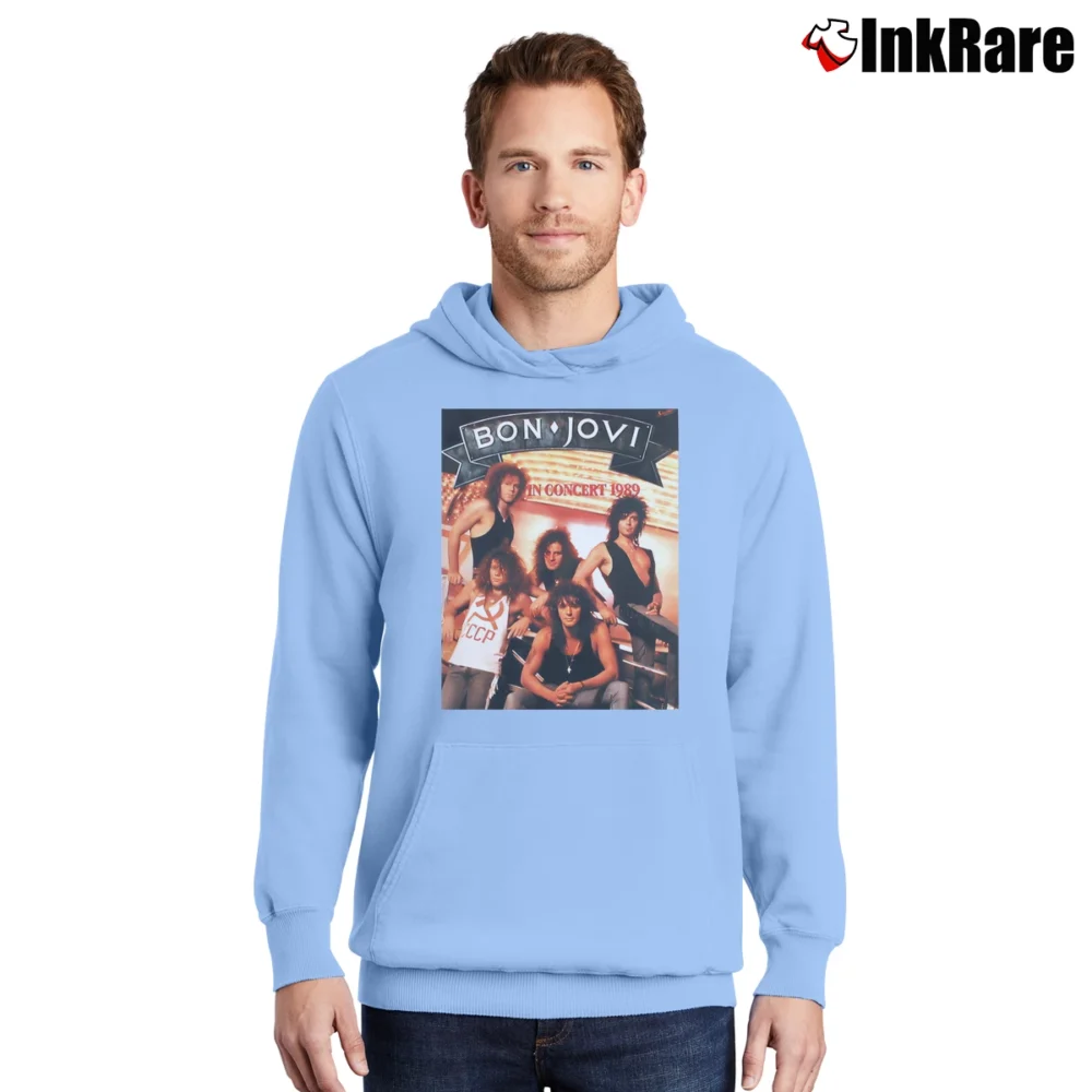 Men’s Bon Jovi In Concert 1989 Pullover Hoodie in light blue | Cozy, Durable, Modern Fit
