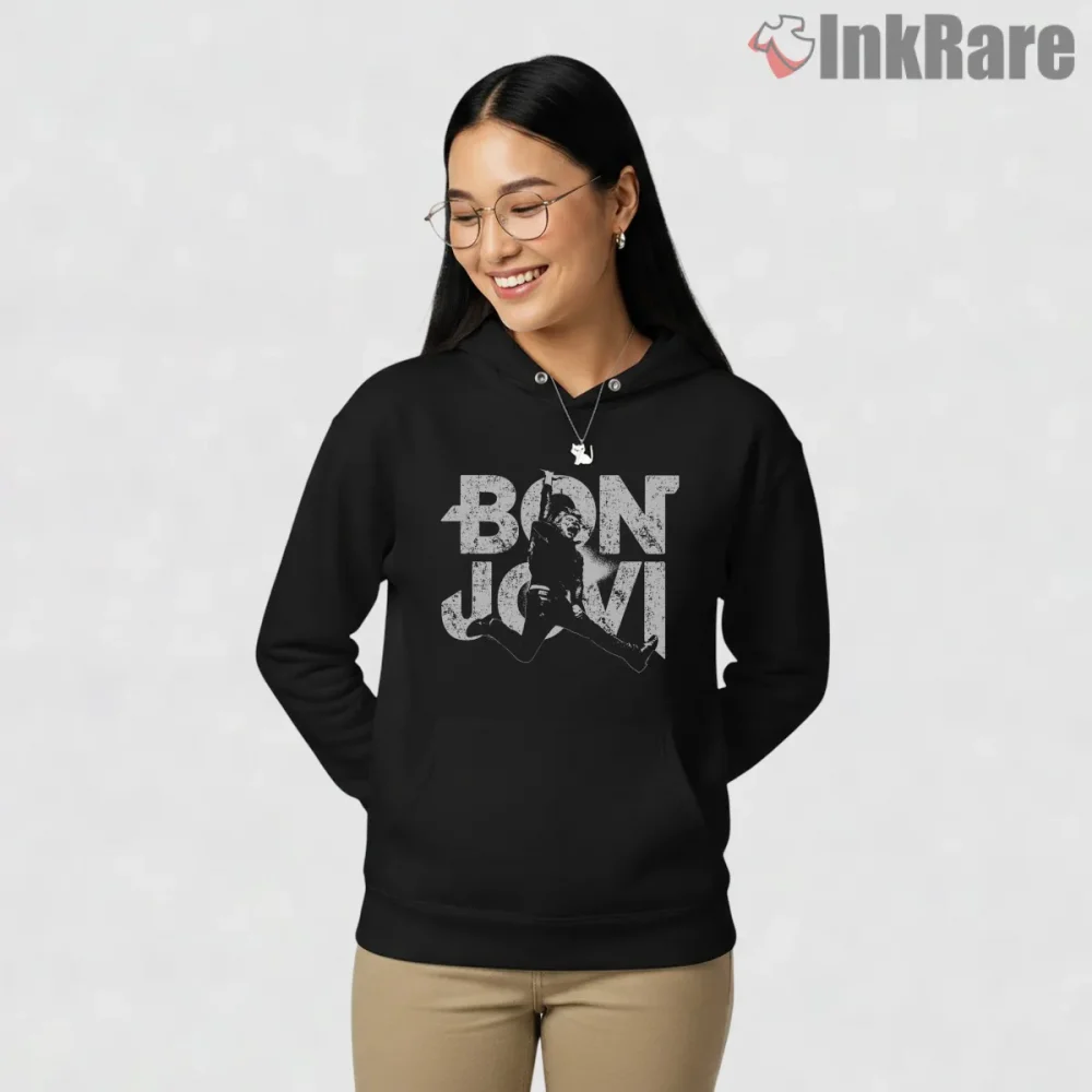 Bon Jovi Jumping Silhouette Arena Rock Performance Shirt on black hoodie for women graphic tee
