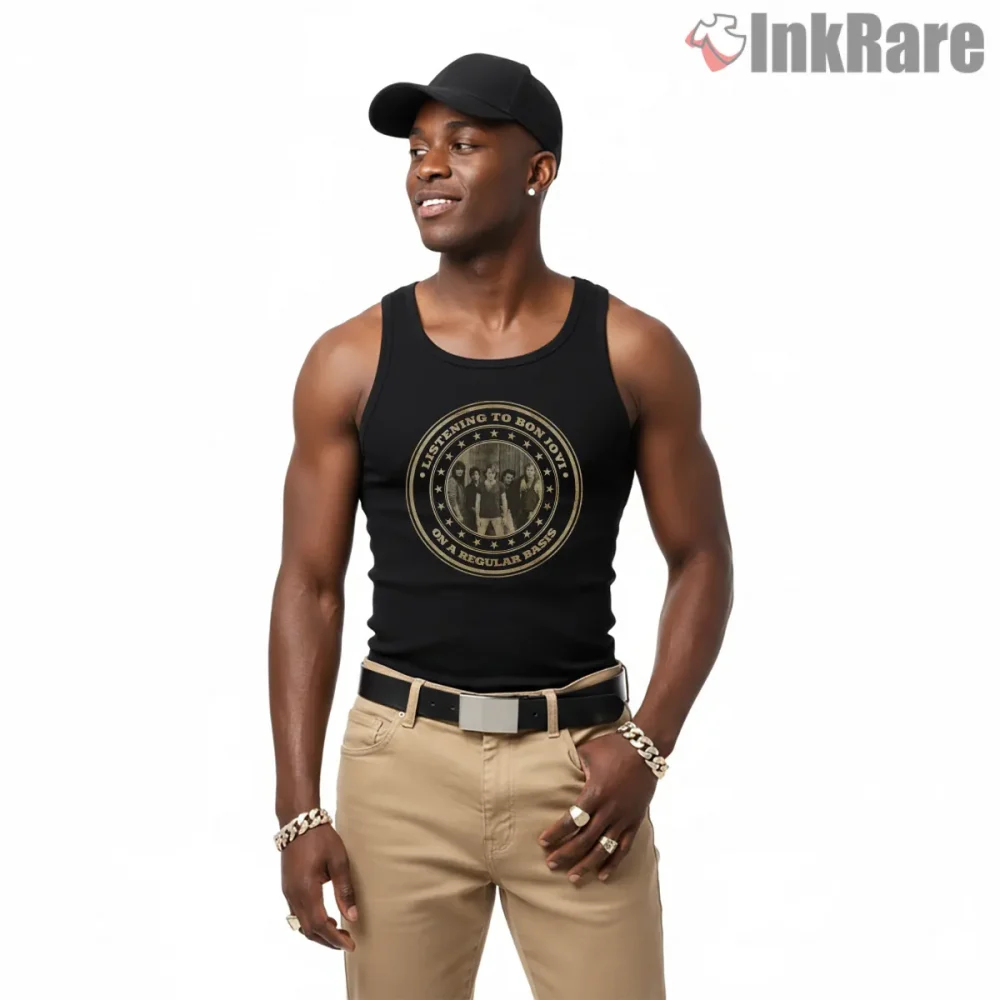 Bon Jovi Listening Club Vintage Badge Fan Statement Shirt on black tank top for men graphic tee