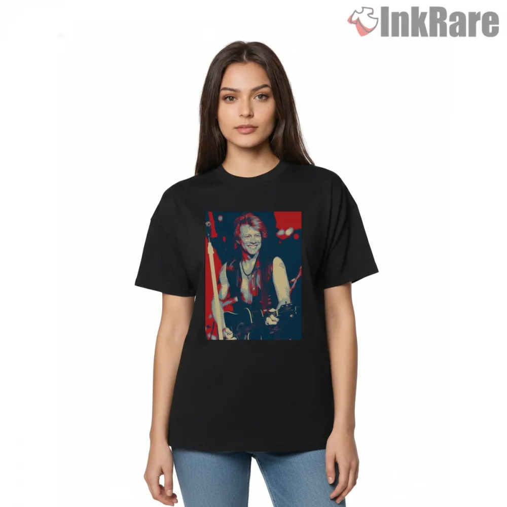 Bon Jovi Live Performance Neon Contrast Guitar Energy Shirt on black short sleeve shirt for women graphic tee