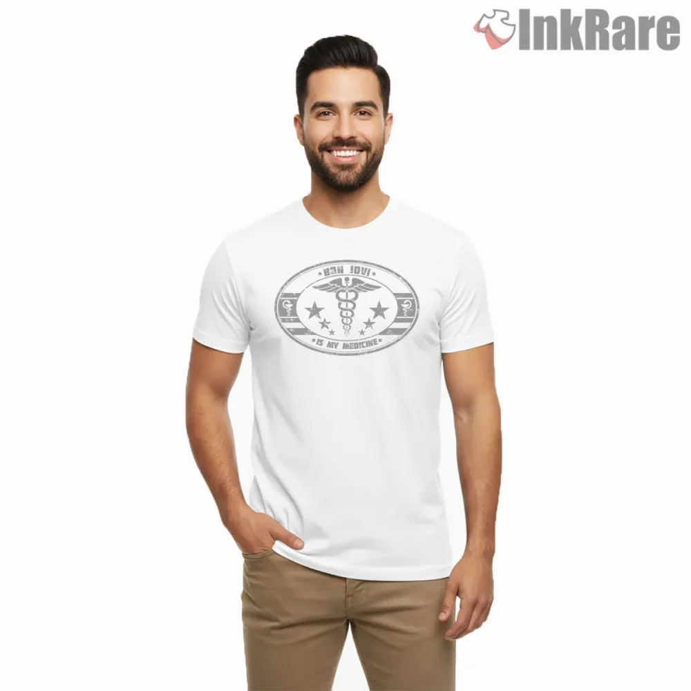 Bon Jovi Medical Symbol Badge Vintage Rock Emblem Shirt on white short sleeve shirt for men graphic tee