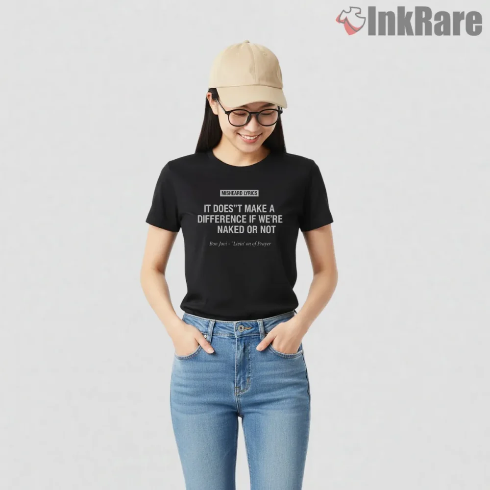 Bon Jovi Misheard Lyrics Humor Typography Fan Shirt on black short sleeve shirt for women graphic tee