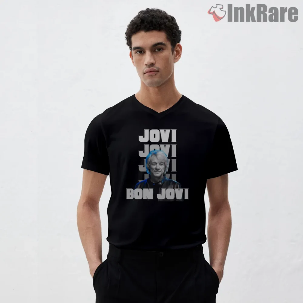 Bon Jovi Modern Portrait Gradient Layered Typography Shirt on black v-neck shirt for men graphic tee
