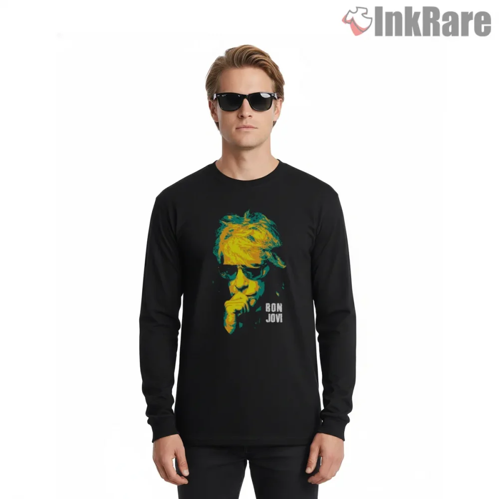 Bon Jovi Neon Pop Art Portrait Moody Rock Icon Shirt on black long sleeve shirt for men graphic tee