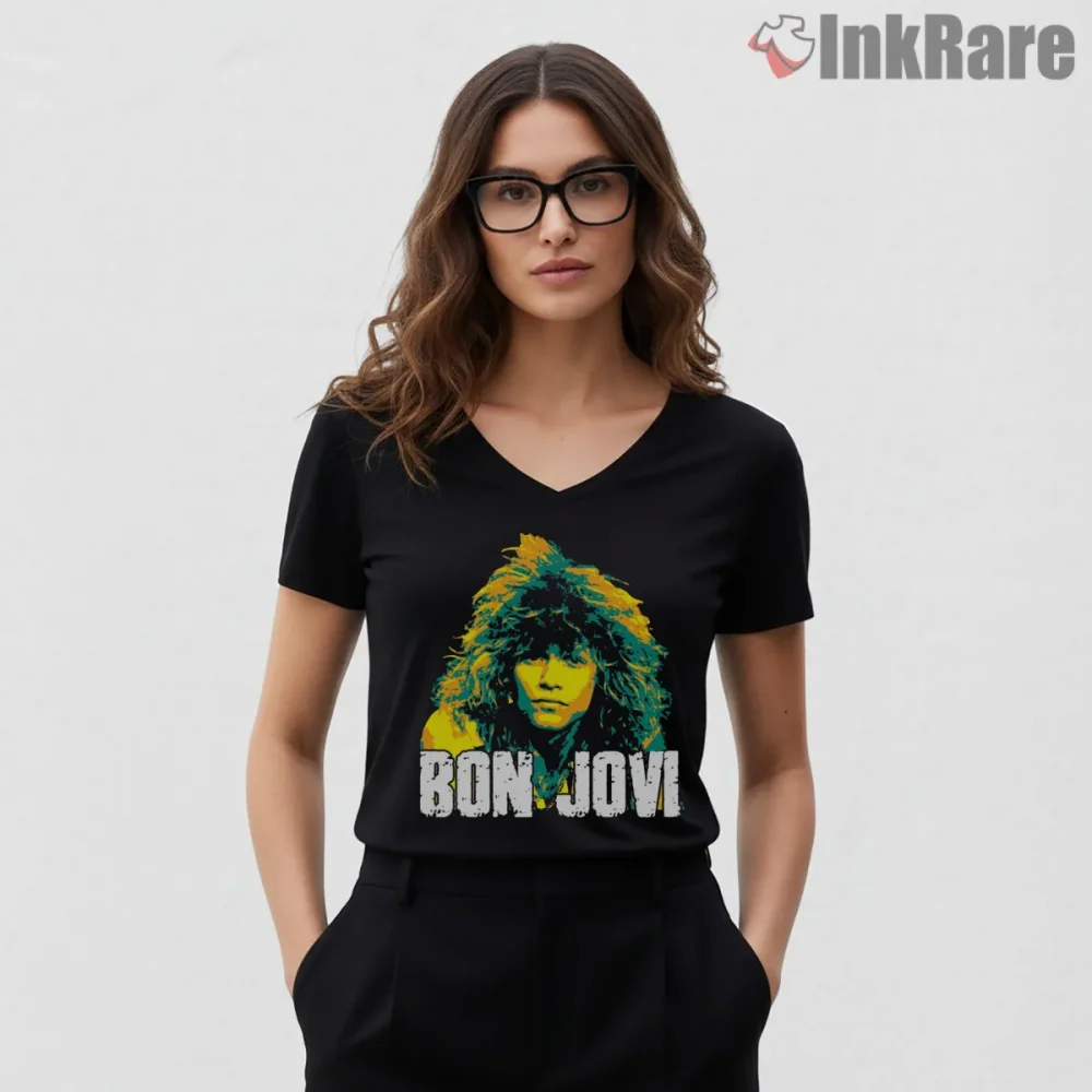 Bon Jovi Neon Pop Art Portrait Retro Color Splash Shirt on black v-neck shirt for women graphic tee
