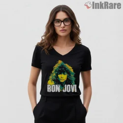 Bon Jovi Neon Pop Art Portrait Retro Color Splash Shirt on black v-neck shirt for women graphic tee