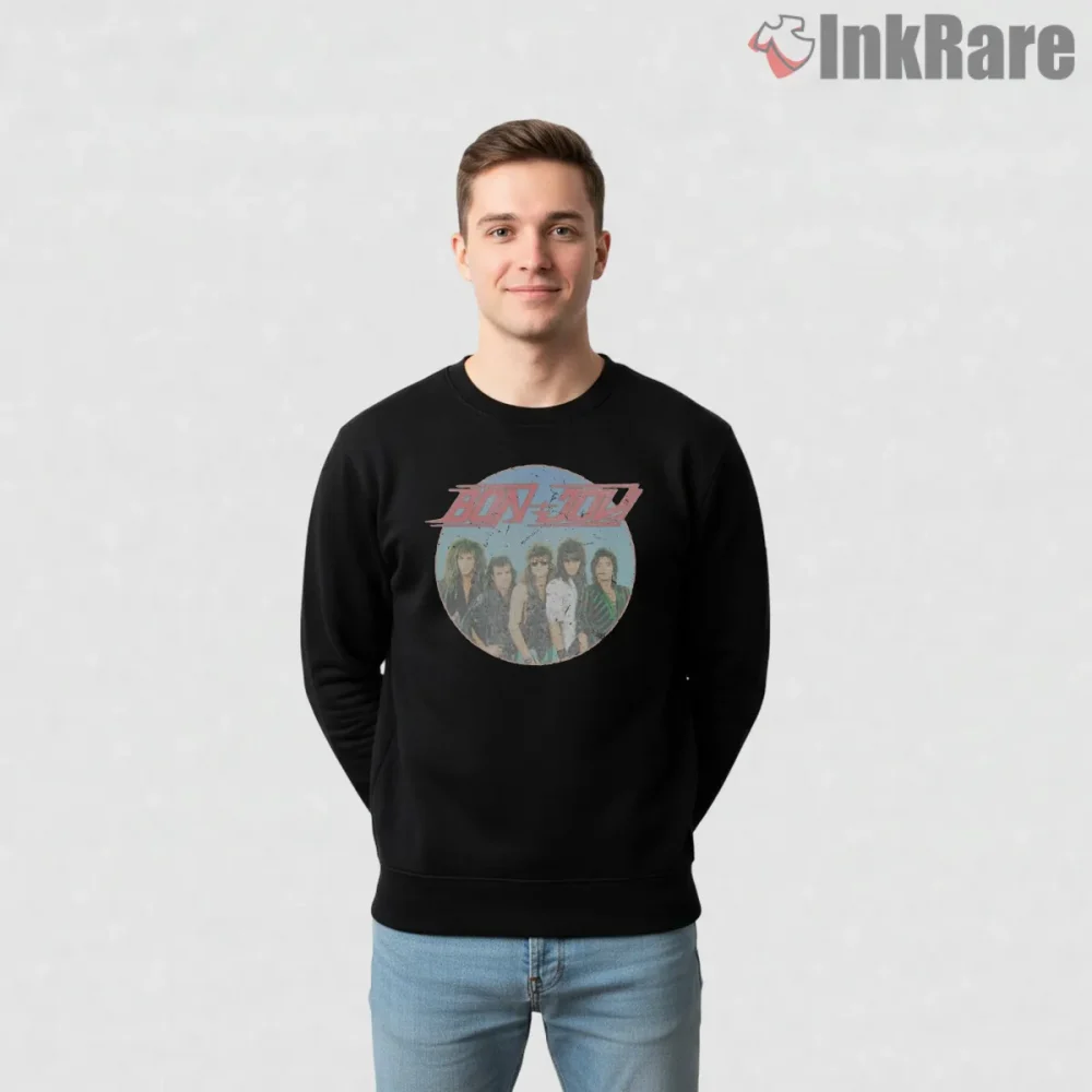Bon Jovi Old School Band Circle Vintage Rock Shirt on graphic shirt for men graphic tee