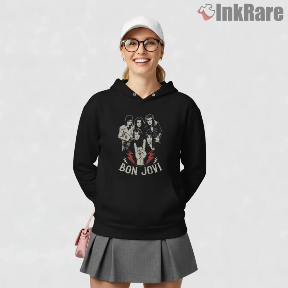 Bon Jovi Retro Band Portrait Rock Hand Sign Lightning Shirt on black hoodie for women graphic tee