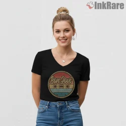 Bon Jovi Retro Cassette Sunset Circle Vintage Music Shirt on black v-neck shirt for women graphic tee